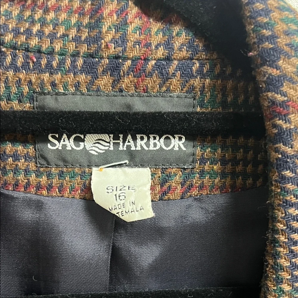 Sag Harbor Brown Navy Burgundy Houndstooth Wool Plaid Blazer XL